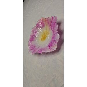 decorative, flower-shaped bowl, pink peony or hibiscus-like design with a yellow